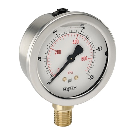 NOSHOK Pressure Gauge, 2.5" 304SS Case, Copper Alloy Internals, 60 psi/bar, 1/4 NPT Male Back Conn, Glycerin Filled, 304SS Front Flange, 0.3mm Brass Press Fit Orifice 25-911-60-psi/bar-SSFF-BP3